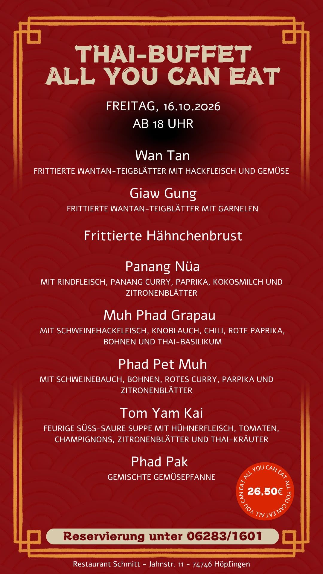 Thai-Buffet All You Can Eat im Restaurant Schmitt in Höpfingen am 16. Oktober 2026